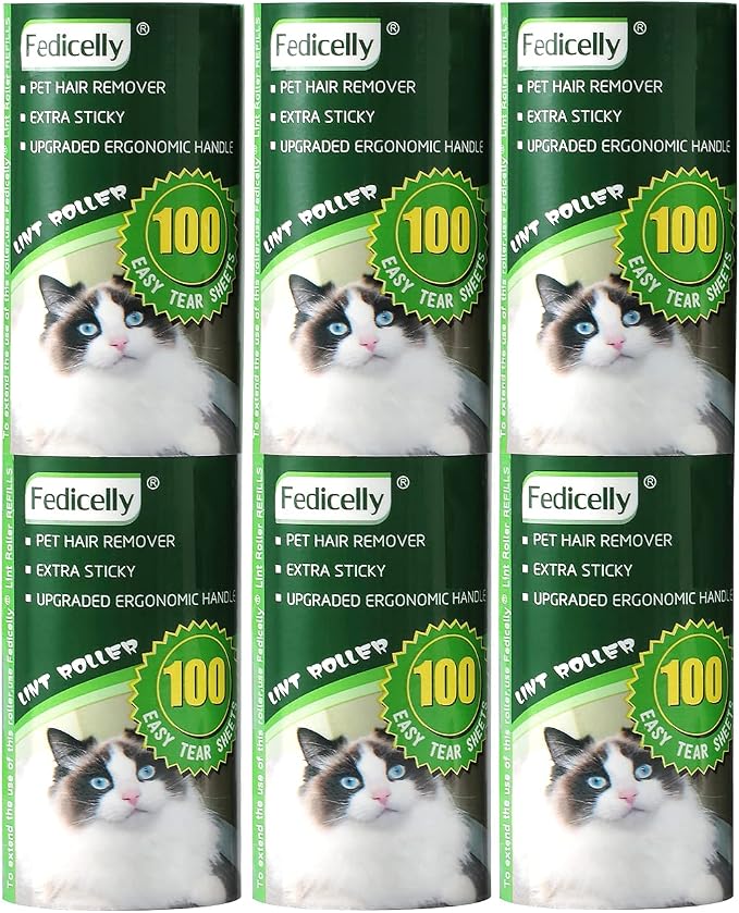 Fedicelly Lint Rollers Pet Hair Extra Sticky Refills,Mega Value Set 600 Sheets for Cat and Dog Hair Removal,100 Sheets Per Roller (Pack of 6)