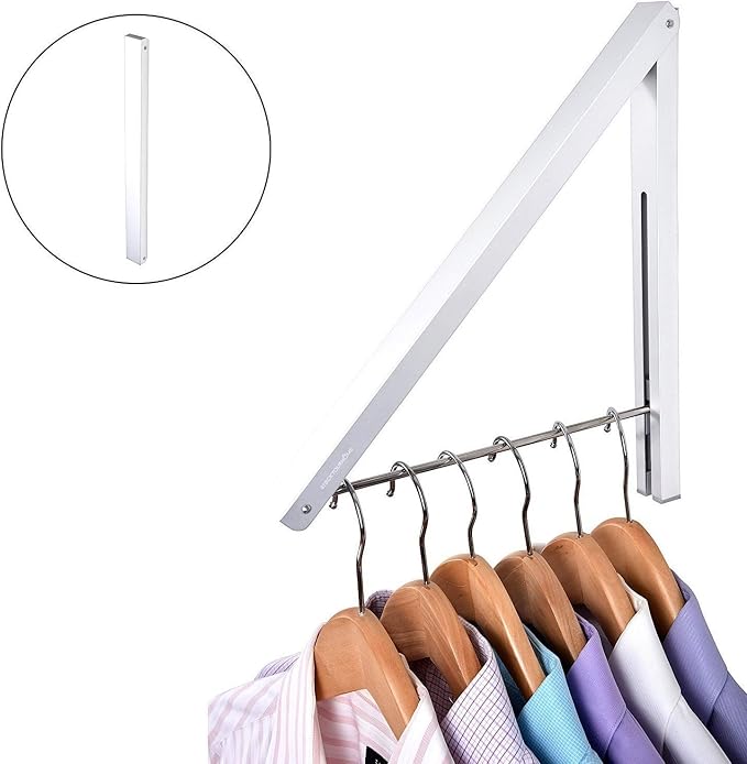 Single Foldable Clothing Rack, Wall-Mounted Retractable Clothes Hanger for Laundry Dryer Room, Hanging Drying Rod, Small Collapsible Folding Garment Racks, Dorm Accessories (White)