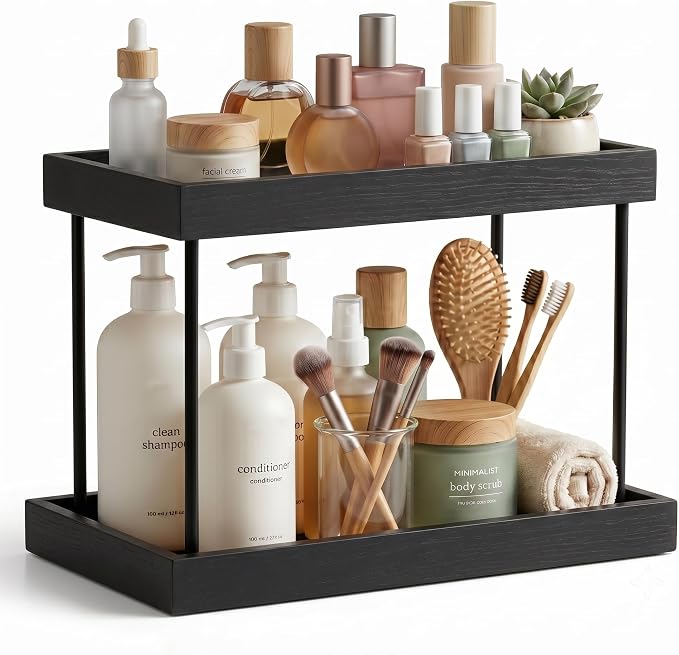 WOPITUES Bathroom Counter Organizer,2 Tier Perfume Organizer,Wooden Bathroom Organizers and Storage for Makecup Perfume Skincare,Countertop Organizer in Kitchen,Bedroom,Coffee Bar,Black