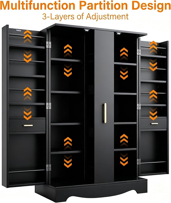 kepptory 47“ Black Kitchen Pantry Cabinet with 3 Doors, Adjustable Shelves, | Pull-Out Side Spice Racks, Freestanding Food Storage Cupboard for Kitchen, Dining Room, Living Room