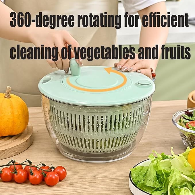 Large Capacity Multi-Function Salad Spinner with Quick Stop Button, Salad Spinner Stainless Steel, Salad Spinner Large, with 5 Blade Slicer Egg Yolk Strainer Shredder (Green)