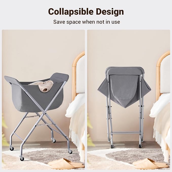 ELYKEN Laundry Basket with Wheels, Collapsible Laundry Hamper, Gray | Removable Liner Bag, Foldable Design, Sturdy Metal Frame, 4 Casters, 32”H Laundry Cart for Bedroom, Bathroom & Laundry Room