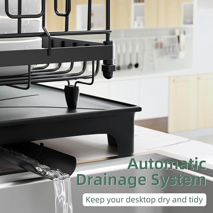 Dish Drying Rack with Auto-Drainboard - Rustproof Kitchen Counter Strainer with Cutlery & Cup Holders, Compact Space Saver Kitchen Strainer, Black