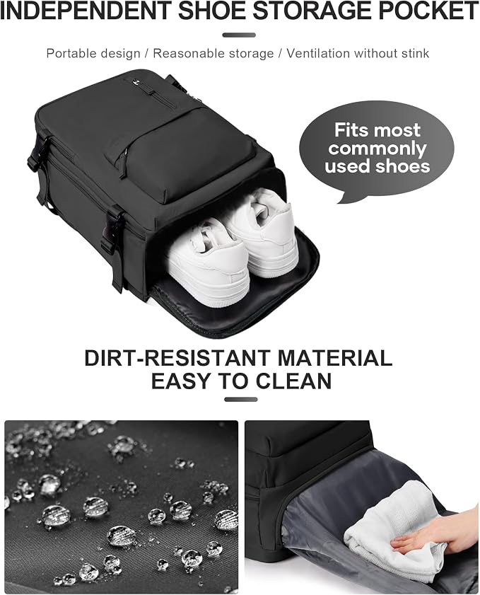 WONHOX Travel Backpack Women,Carry On Backpack Flight Approved 18x14x8 inches Bag Spirit Airlines Personal ltem,College Sports Hiking Rucksack Waterproof Casual Daypack Laptop Blackpack Men,Black