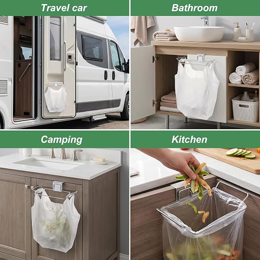 Large Stainless Steel Trash Bag Holder Portable Under Sink Metal Garbage Bags Holder Stand Space Saving Garbage Hanger Frame Hooks for Kitchen Cabinet Doors Bathroom, Kitchen Trash Waste Can(Sliver)