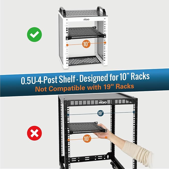Tecmojo 0.5U Rack Shelf for 10" Server Rack & Cabinet, Adjustable 7.87-10.24" Depth, Vented Metal Tray, Heavy Duty Support up to 66 lbs, Enhanced Ventilation, Black