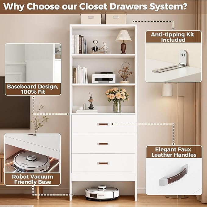 Armocity Freestanding 2FT Closet System with Leather Handles, 24" Walk-in Closets Storage Unit with Cabinet, Wood Wardrobe Closet Organizer and Storage with 3 Drawers for Small Space, Laundry, White