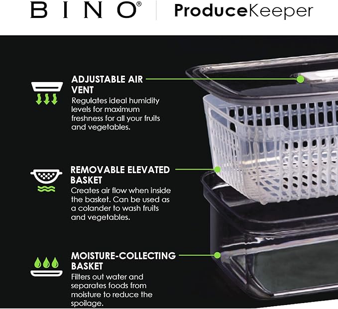 BINO | Produce Saver - 6.8 Cup/1.6L | Fridge Storage Containers for Fruits and Vegetables | Adjustable Air Vent, Removable Basket | BPA-Free Fridge Organizers