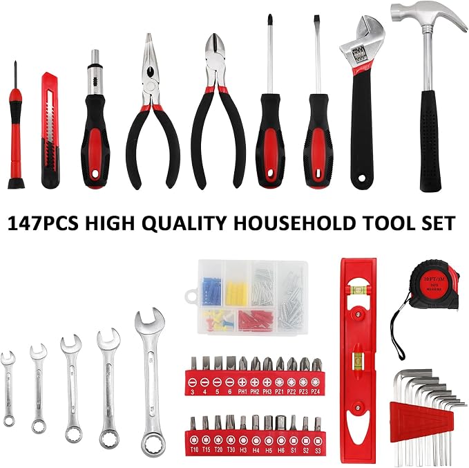 TLGREEN 147-Piece Small Tool Kit with Storage Case, Red | Home Repair Tool Kit with Screwdrivers, Wrench, Pliers And Utility Knife; Maintenance And Roadside Tasks in One Case