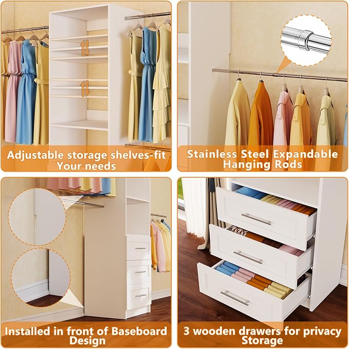 Closet System with 9 Drawers, 8FT-20FT Custom Closet Organizer System Modular Walk in Closet Storage Wooden System with 12 Expandable Hanging Rods Adjustable Shelves 3 Sets White(8FT-20FT)