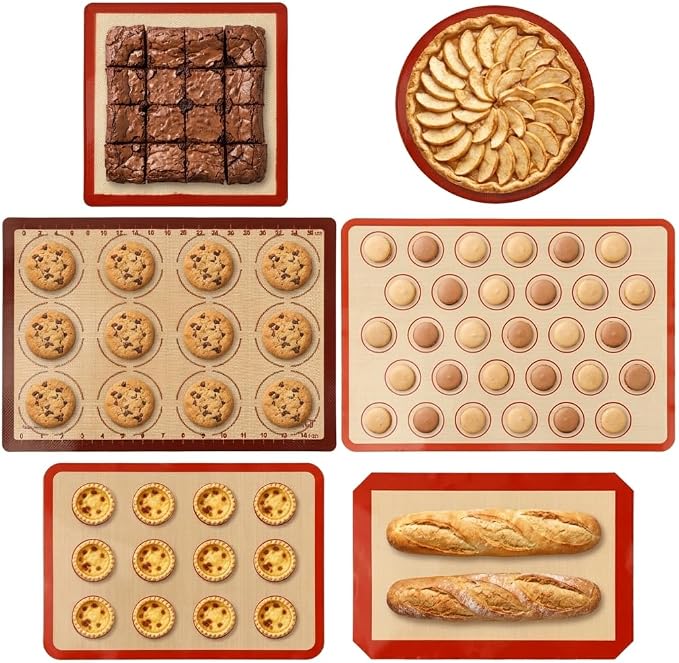 Silicone Baking Mat Set, Extra Thick Silicone Mats, 6-Pack Nonstick Baking Sheet Liners, Reusable Oven Mats, Heat Resistant -40°F to 446°F, Dishwasher Safe for Macarons, Cookies, Pizza, Bread