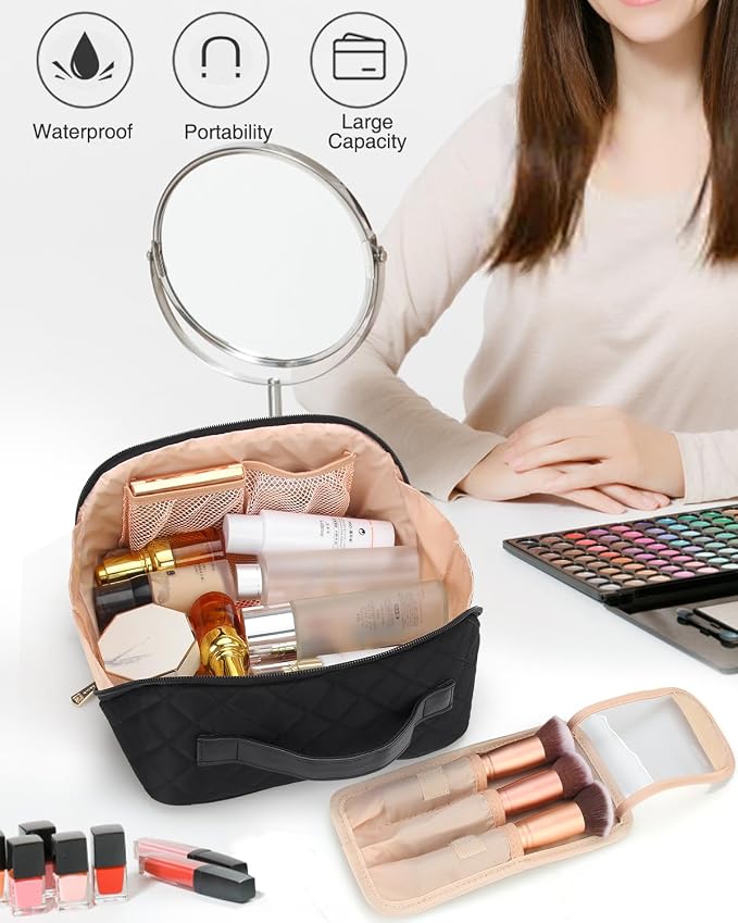 Relavel Travel Makeup Bag for Women, Large Wide-open Cosmetic Organizer | Waterproof, Portable, Separate Makeup Brush Board, Wide Open Flat