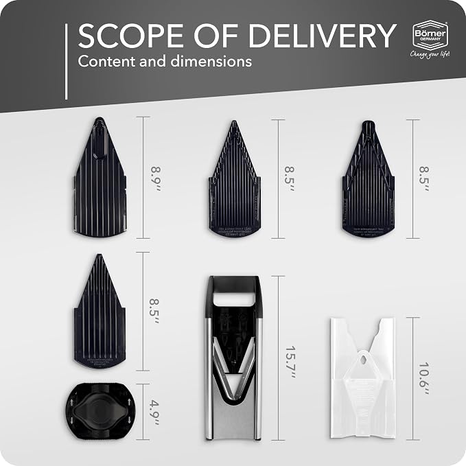 Borner V6 Exclusive Line V-Mandoline Slicer 8-in-1 Pro-Set, Stainless Steel Vegetable Cutter with Safety Insert, Slice Insert, 2 Blade Inserts