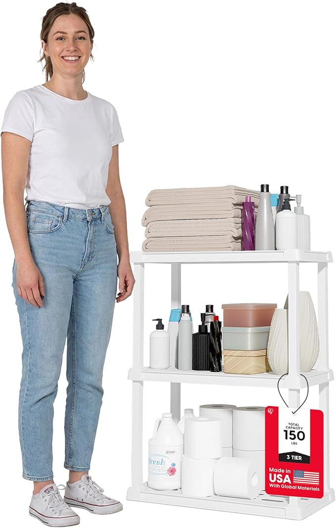 IRIS USA Plastic Storage Shelves |Made in USA| 33"H x 24"W x 12"D - White | Light Duty Rack Organizer, 150lb Total Capacity, 50lb Per Shelf, Shelving Unit for Bathroom, Laundry, Home & Pantry