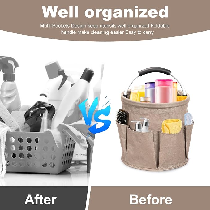 mumisuto Wearable Cleaning Caddy，Cleaning Supplies Organizer Foldable Basket Bucket Tool with Handle Cleaning Bag for Cleaning Professionals, Auto Detailers, Housekeepers (Khaki)