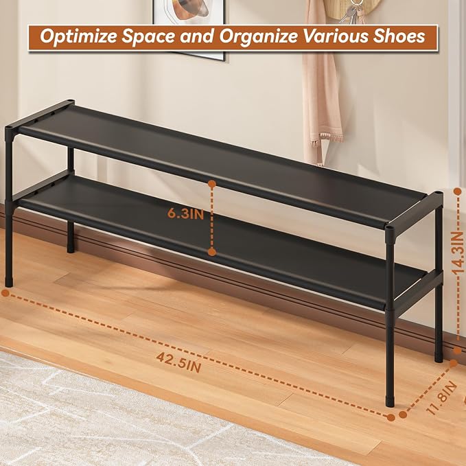 LUKYTOWER Extra Long Shoe Rack 2 Tier Wide Shoe Storage Organizer | Sturdy Durable Shoes Rack for Closet, Entryway, Dorm, Save Space Stackable Shoe Shelf Stand Holder