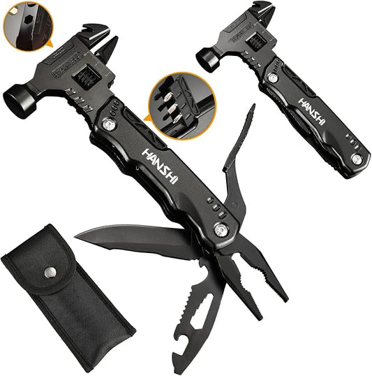HANSHI Adjustable Wrench Multitool Hammer with Nylon Sheath for Gift | 16 in 1 Multi Functional Tools includes Pliers,Pocket Knife,Can Opener,Bottle Opener,Wire Cutter