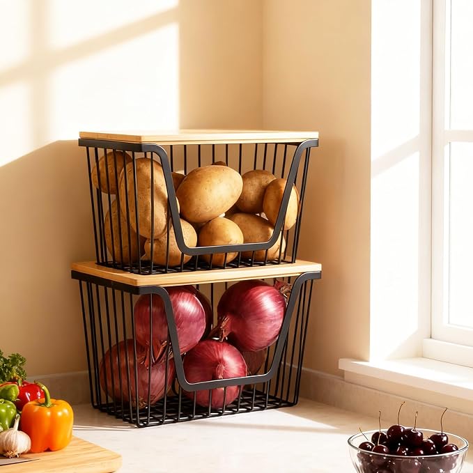 1 Pack Fruit Basket for Kitchen Counter, Stackable Pantry Organizers Storage, Large Wire Storage Basket Suitable for Storing Fruits, Onions, Potatoes, and Vegetables