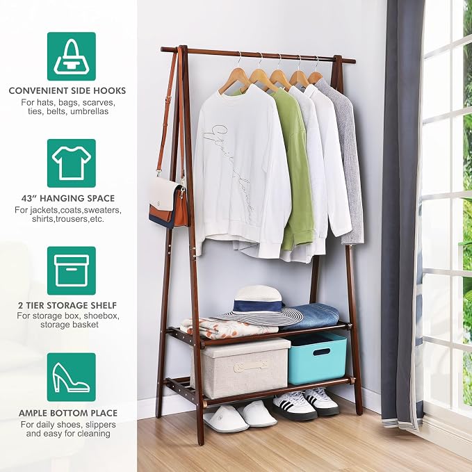 Jotsport Bamboo Clothing Rack with 2 Tier Storage Shelf, Foldable Design | Portable Clothes Hanging Stand Space-Saving Garment Rack for Laundry, Guest Room, Apartment, Entryway