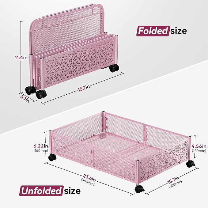 PHINOX Under Bed Storage Container with Wheels,Patterned,Metal,2 Pack,Pink | Tool-free assembly, glide smoothly, easy reach, foldable, maxmazie low-profile beds, dorm, keep seasonal clothes, shoes fresh