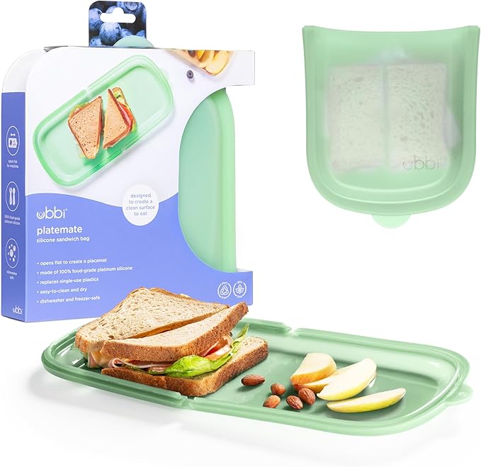 Ubbi Platemate Reusable Silicone Storage Bag, Sugar Snap Green | Opens Flat as Placemat, Dishwasher & Freezer-Safe, Lunch Container, Leakproof Sandwich & Snack Bag, Easy to Clean, BPA-Free
