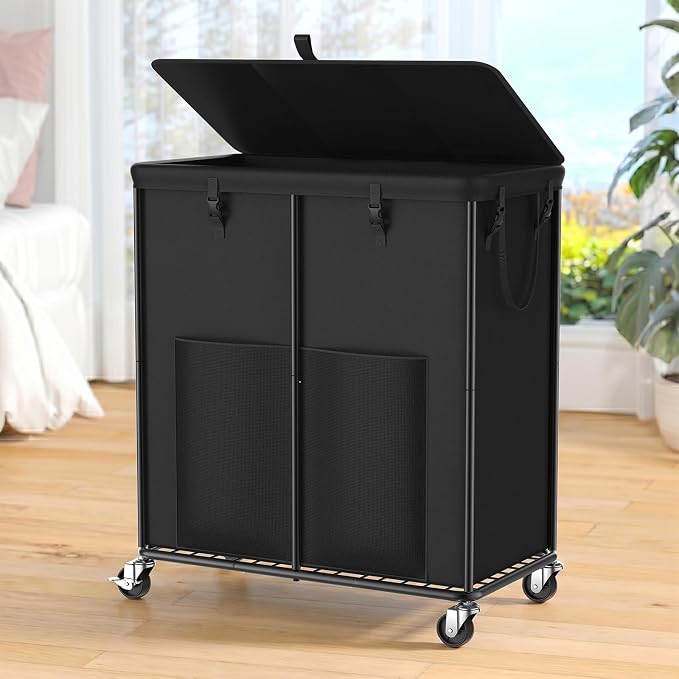 250L Laundry Hamper with Lid & Wheels, Rolling Laundry Basket with Bag | Sturdy Metal Frame | Laundry Bag with Handles| Large & Tall Clothes Hampers for Laundry Room, Bedroom, Dorm, Bathroom-Black