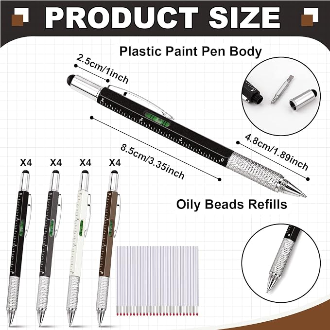 Zhanmai 16 Pcs 6 in 1 Multitool Pen Bulk Gift for Men Multi Tool Pen with Ruler Level Screwdriver Stylus Cool 40 Ink Refill Tool Gadget Birthday Christmas Stocking Stuffers (Black Gray Brown White)