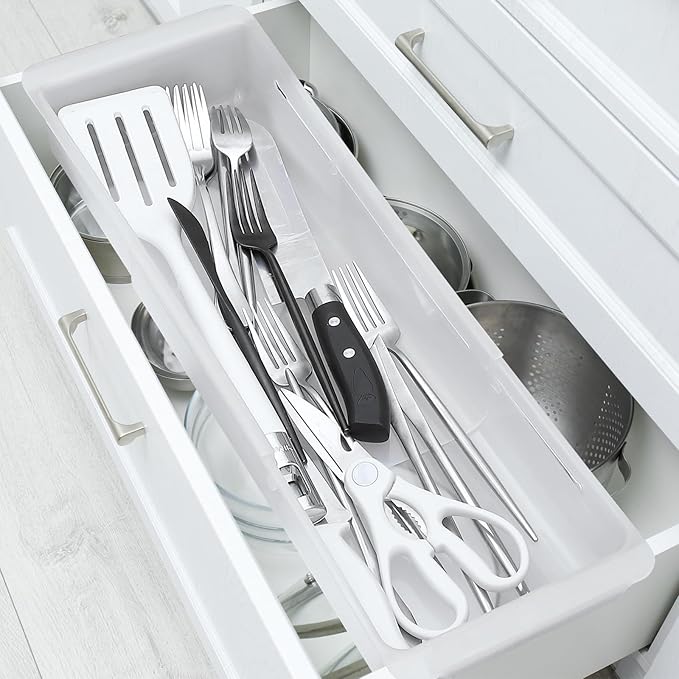 1 Pack Deep Drawer Organizer Bins, Adjustable Sliding Drawer Organizer Bin Expandable Tray for Kitchen Utensils, BBQ Tools, Towels, Durable Plastic Sliding for Easy Storage (17" to 27”)