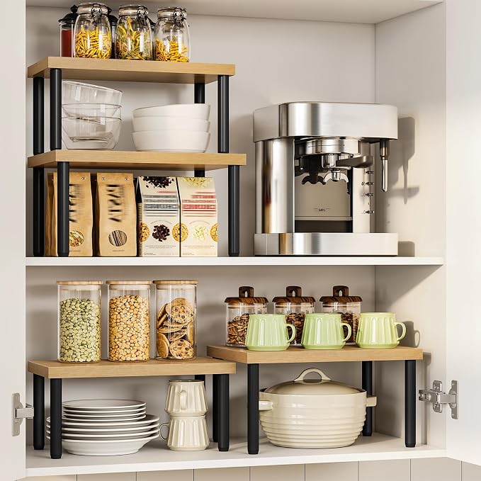 HOOBRO Cabinet Organizer Shelf, kitchen countertop organizer, Kitchen Storage, Spice Rack for cabinet, Stackable, Expandable, for Countertop,kitchen,cabinet, Black and Natural BN15TL01