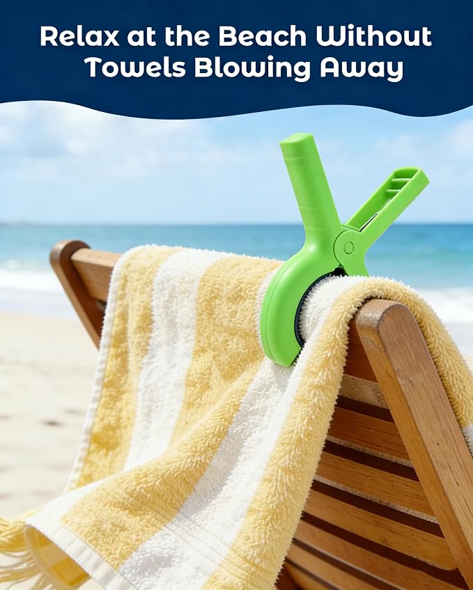 10 Pack Beach Towel Clips Heavy Duty Large Beach Essentials Chair Pool Clip | Green Clips with Strong Grip, Silicone Protection, Rust Resistant Spring, Multi-Use for Beach, Boat, Cruise & Outdoors