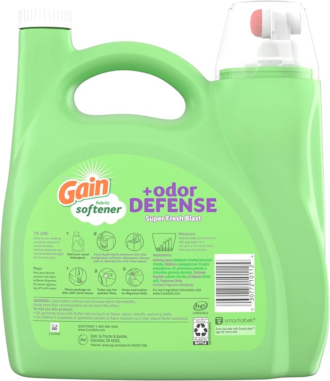 Gain Super Fresh Blast Liquid Odor Defense Fabric Softener, 140 FL OZ 190 Load, Softening Laundry Conditioner for 2 in 1 Freshness plus Odor Protection