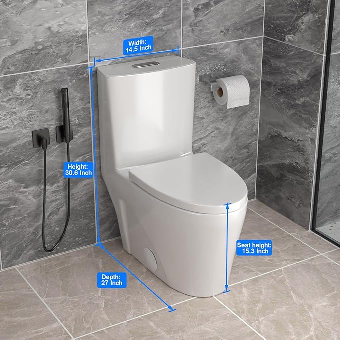 10'' Rough-in Compact One Piece Toilet - White Ceramic Toilets with 15.3" Soft Close Chair Seat 1.1/1.6 GPF for Water Saving Dual Flush Small Bathroom Compact Toilet 14.5''x27''x30.6''