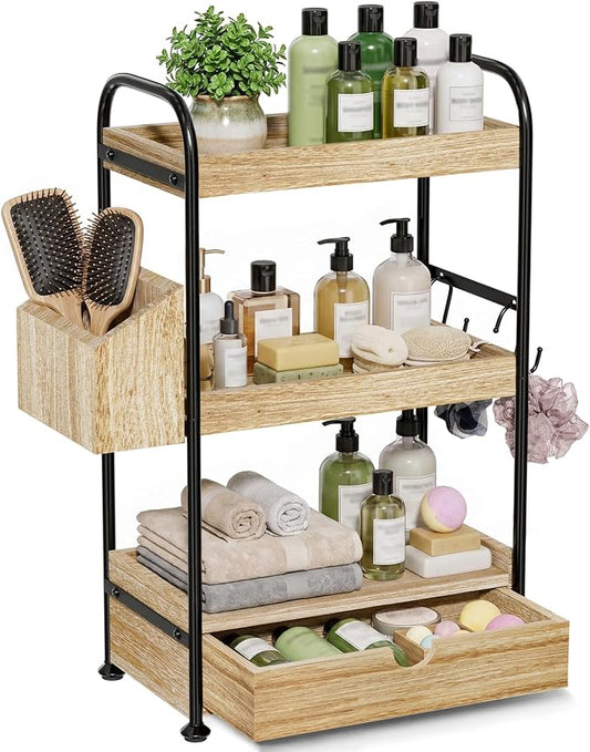 Kottwca 3-Tier Bathroom Counter Organizer with Drawer, Wooden Vanity Skincare Storage Shelf with Thickened Metal Frame, Countertop Shelf with Basket & Hooks for Makeup Organization, Light Brown