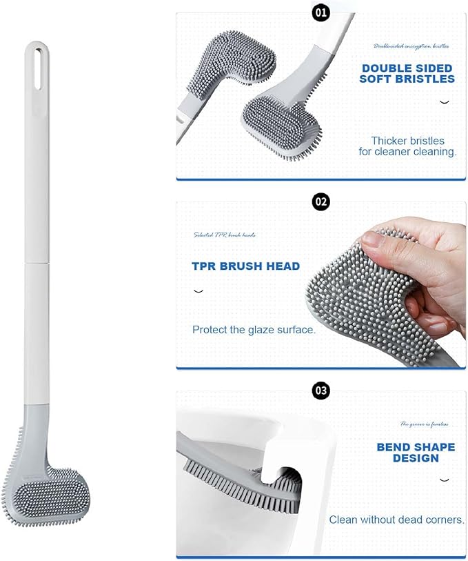 Toilet Brush, Long Handle Golf Toilet Brush with Holder 360° Deep Cleaning Flexible Silicone Toilet Cleaner Brush Wall Mounted for Bathroom (2Pcs White Brush)