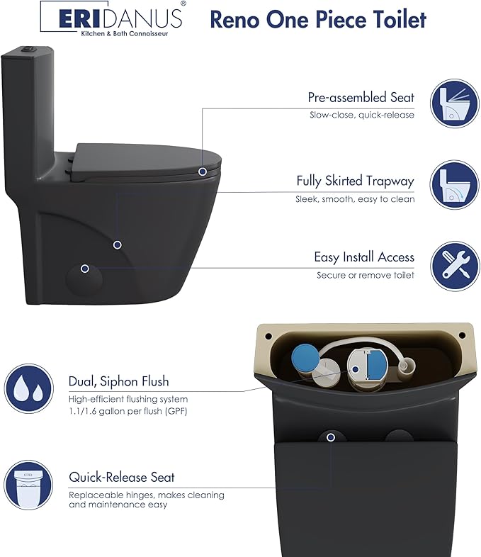 Eridanus Elongated One Piece Toilet with Powerful Siphon Dual Flush 1.1/1.6 GPF, 12" Rough-In Modern Bathroom Toilets with Comfort Soft Closing Seat Height 17", ADA Compliant Bowl, Matte Black
