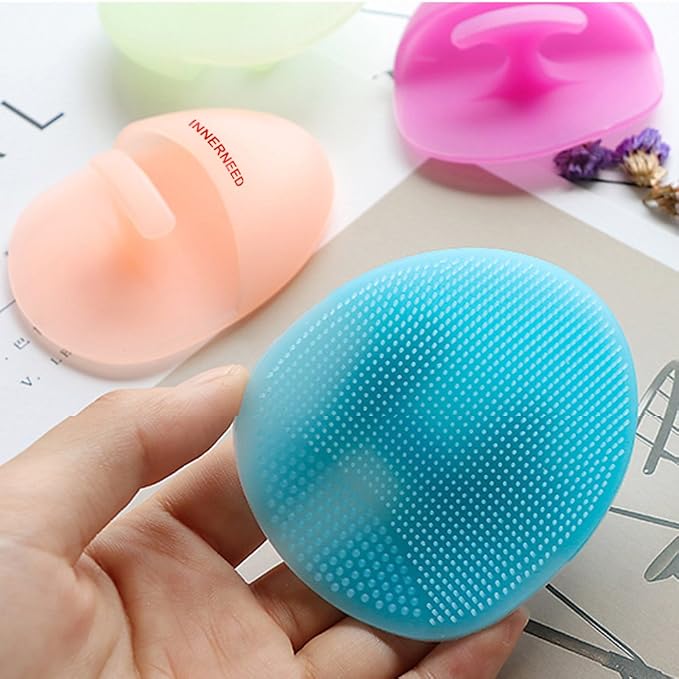 Super Soft Silicone Face Cleanser and Massager Brush Manual Facial Brush | INNERNEED Short Bristles Exfoliating Cleansing Handheld Mat Scrubber for Sensitive, Delicate, Dry Skin (Pack of 4)