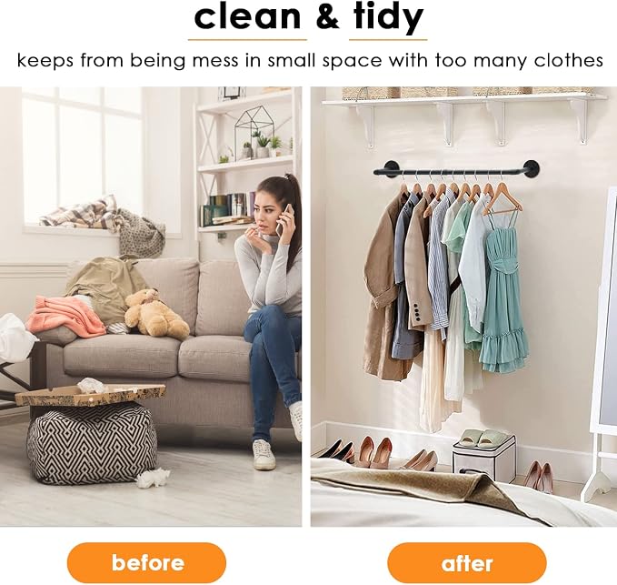 ERYTLLY Industrial Pipe Clothes Rack 38”, 2 Set Multi-purpose Wall Mounted Iron Garment Rod,Heavy Duty Detachable Hanging Clothes Rack for Closet Rod (Black,2 Base)