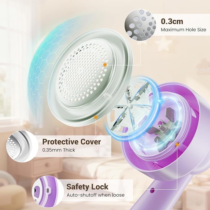 DBC Fabric Shaver & Lint Remover for Clothes, Sweaters & Furniture | 6-Leaf Blade, 3 Speeds, 2H Runtime, Portable Design Perfect for Travel, Includes 2 Extra Blades, Purple