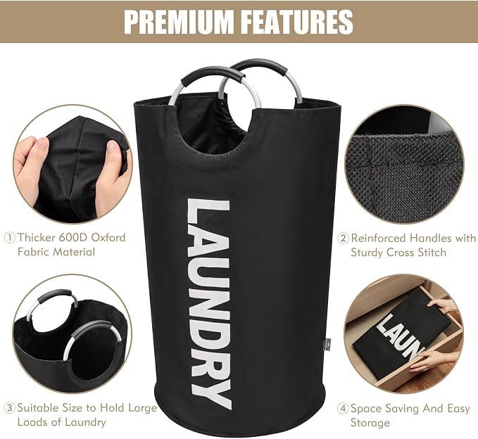 DOKEHOM 90L Large Laundry Basket Bag, Collapsible Tall Hamper, Black | Freestanding tall washing bin & foldable laundry bag. High-capacity clothes storage basket with durable sturdy handles