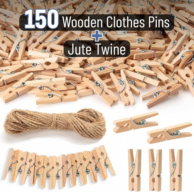 Mr. Pen- Mini Wooden Clothes Pins for Photo, 1 Inch, 150 Pack | Small Clothespins with 10 Meter Jute Twine for Labeling Plants, Gift Tags, Tiny Crafts, Photo Display, Decoration
