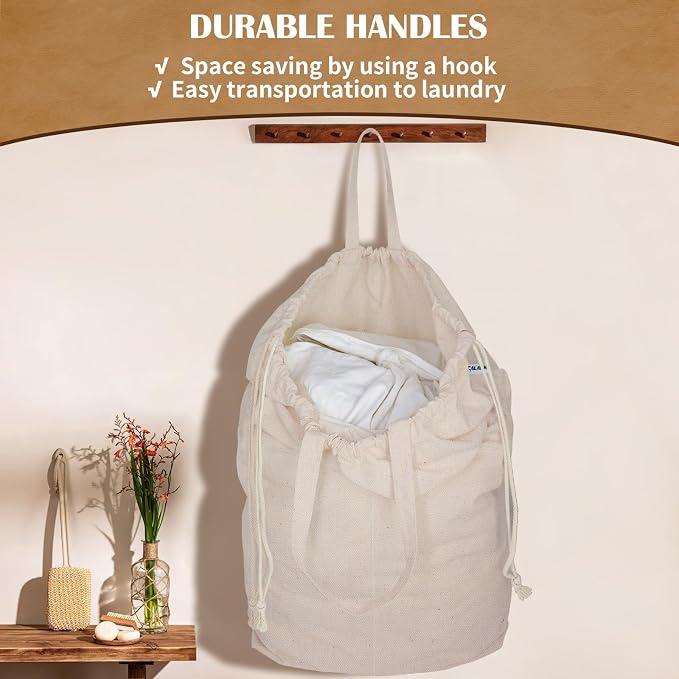 Cotton Canvas Laundry Bag with Handles & Base 16"Wx16"D x27.6"H, Natural | Extra Large Heavy Duty Laundry Basket Hamper Liner Replacement, Washable Drawstring Dirty Clothes Bag Cotton Storage Sack