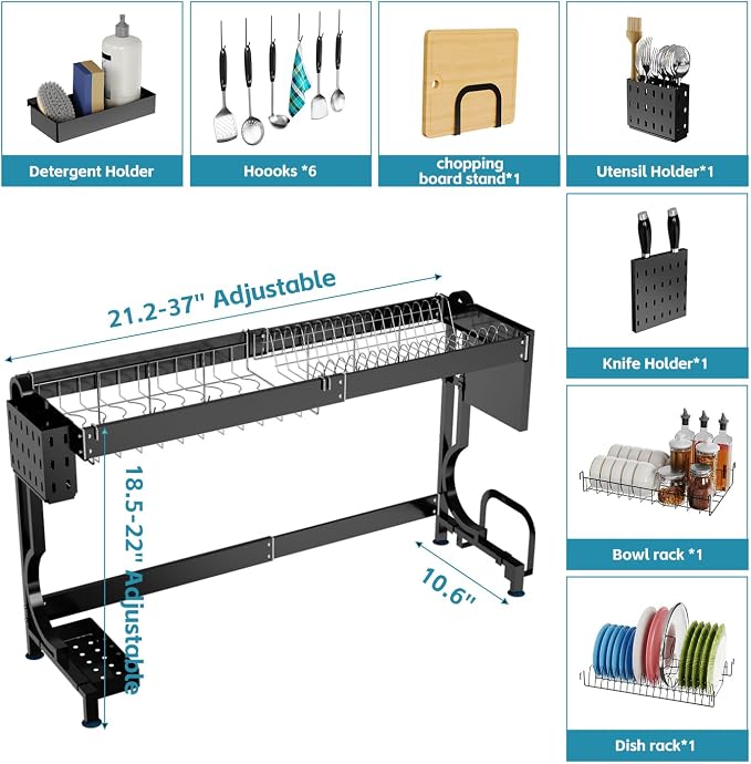 Over the Sink Dish Drying Rack, Height & Width Adjustable Stainless Steel | Large-Capacity Expandable Dish Rack with Utensil & Knife Holders,Hooks for Space-Saving Kitchen Storage | Fits Most Sinks