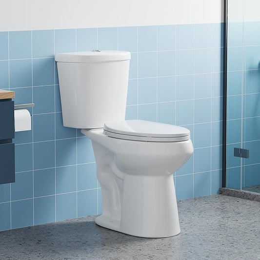 Two Piece Toilet, 19" Elongated ADA Comfort Height with Upgraded Flushing, Dual Flush Buttons (Top Mounted), Includes Soft-Close Seat & Hardware, White, 12" Rough-in