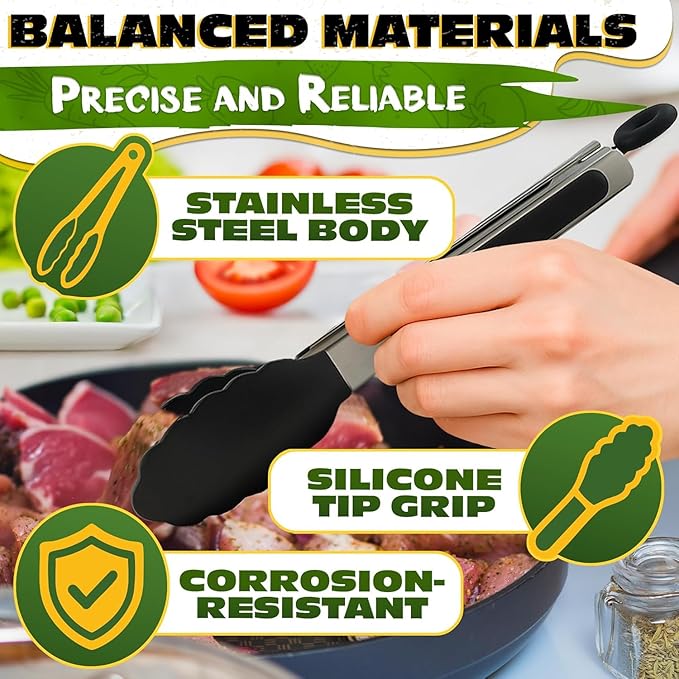 Kitchen Tongs Set of 3-7/9/12" Silicone Tipped Tongs for Cooking with Stainless Steel Build for Heat Resistant Handling, Non Stick & Easy-Lock Storage – Versatile Set for Meat Flipping & Salad Prep