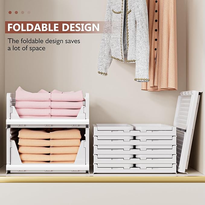 4 Pack Folding Closet Organizers Storage Box, Stackable Storage Bins, Plastic Drawer Basket Closet Storage for Wardrobe Cupboard Kitchen Bathroom Office White-4L