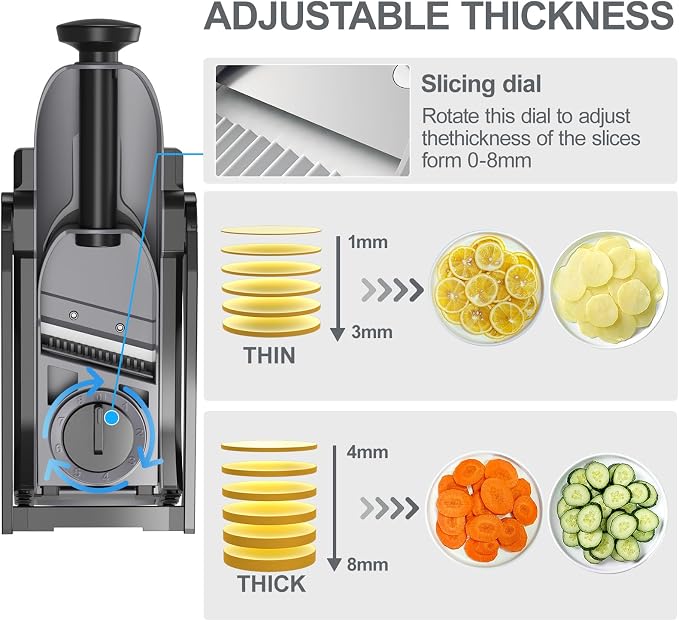 Safe Mandoline Slicer for Kitchen, Potato Slicer, Potato Slicer for Chips, Vegetable & Food Cutter,Thickness Adjustable 0.1-8 mm，Cleaning Brush (only Slice, Black Knight)
