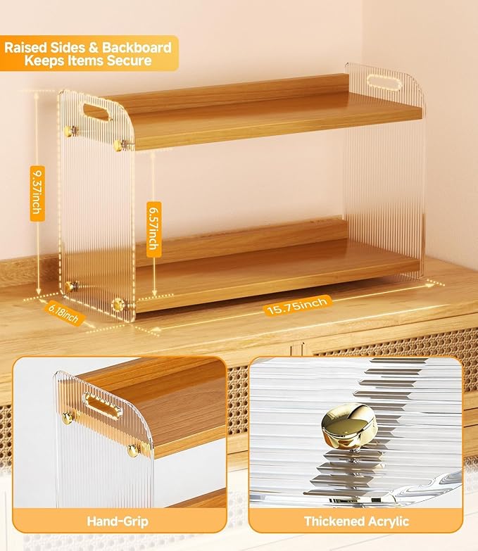2 Tier Coffee Station Organizer - Acrylic & Pine Wood -15.75" x6.18" x9.37" | Easy-to-Clean coffee bar shelf, Matcha Station for Kitchen Countertops, for Placing Mugs, Coffee Beans, Syrup, Cups etc.