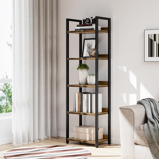 NUMENN Narrow Bookshelf, 5 Tier Freestanding Shelving Unit, Dark Walnut | Metal Frame & Wood Shelves, Falling Prevention Baffle, Open Storage Bookcase for Bedroom, Living Room & Home Office