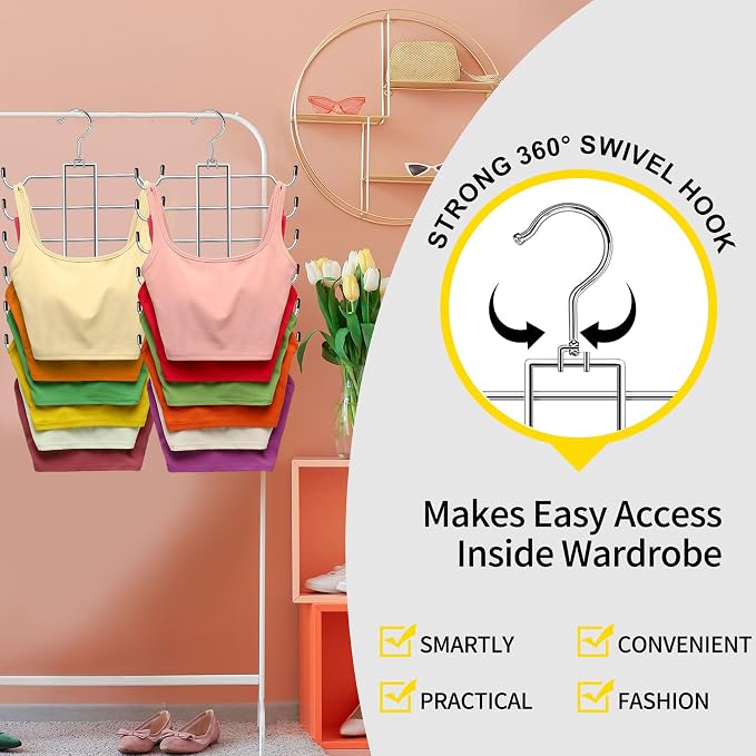 Metal Tank Top Hanger 2 Pack, Space Saving Bra Organizer with 24 Easy Access Hooks, 360° Swivel Closet Organizers and Storage, Apartment College Dorm Room Essentials, Small Space Organization Solution