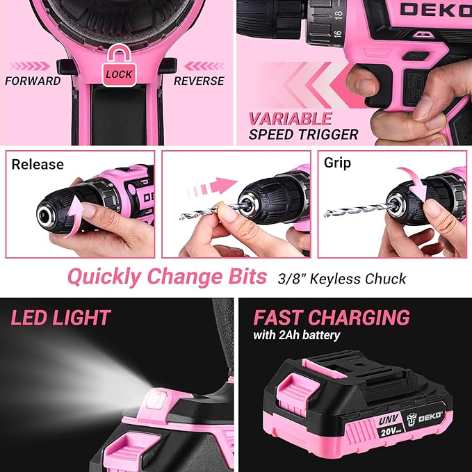 Pink Power Drill Tool Kit Set: 20V Cordless Electric Drill, Driver, Tool Box with Battery